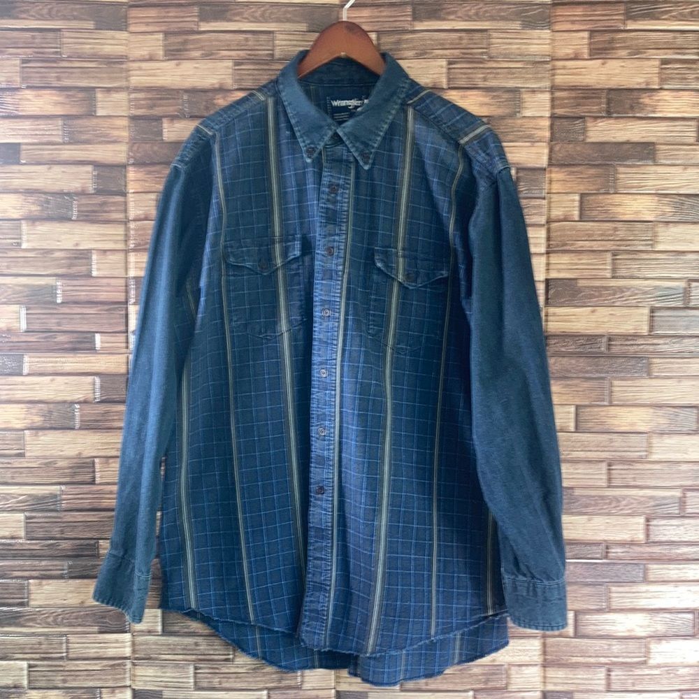 Vintage Wrangler Western Shirt Men 17.5 X Long Tails Plaid Denim Cowboy USA Made
